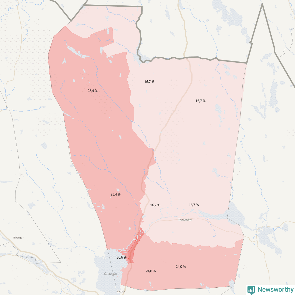 Koroplet-karta över partiets stöd i kommunens valdistrikt. Se tabell.