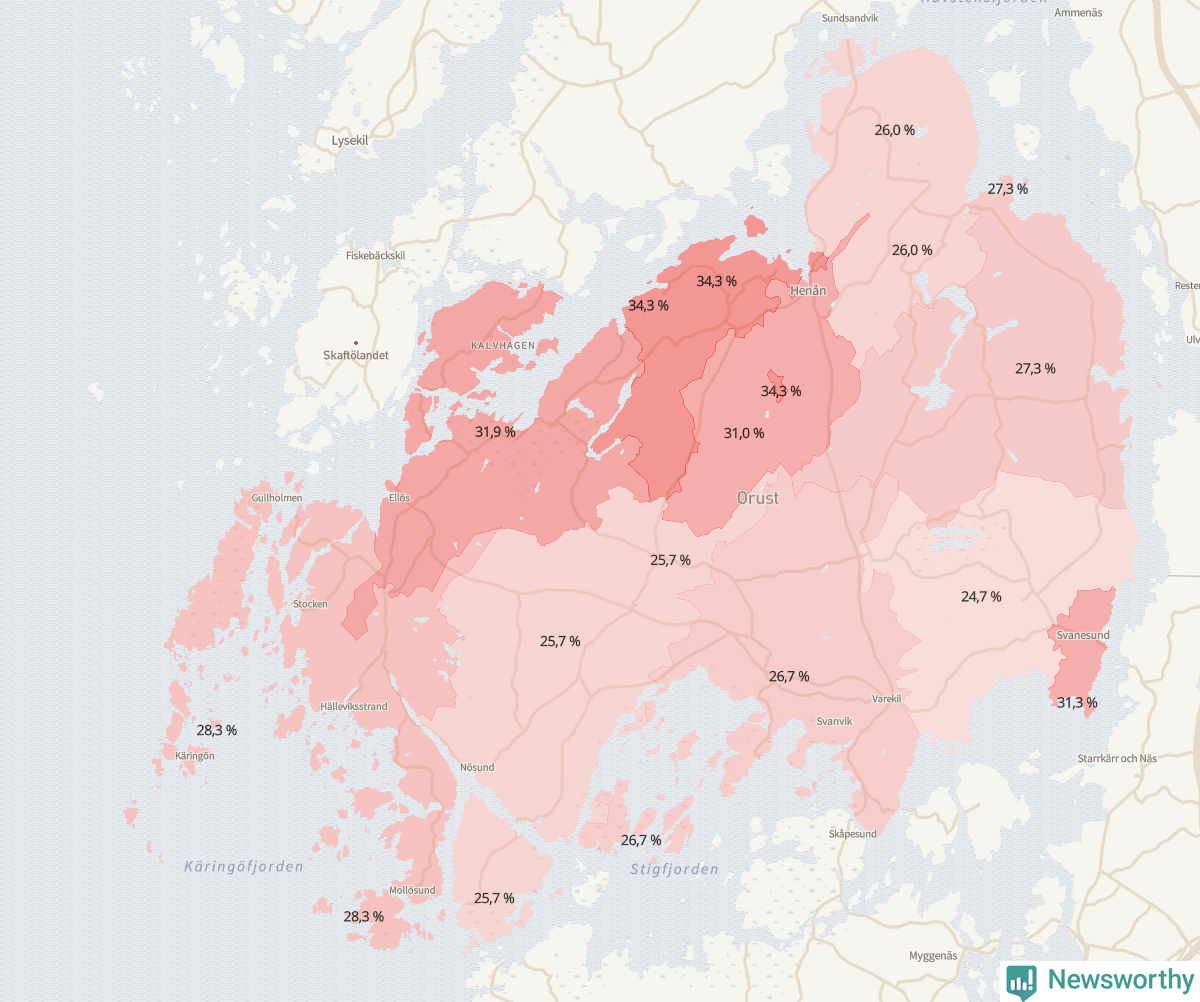 Koroplet-karta över partiets stöd i kommunens valdistrikt. Se tabell.