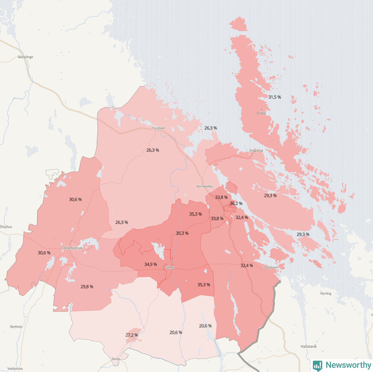 Koroplet-karta över partiets stöd i kommunens valdistrikt. Se tabell.