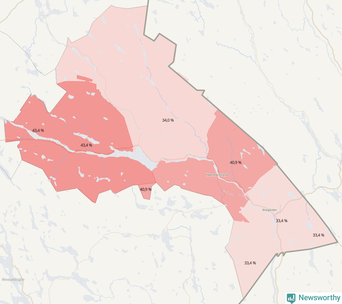 Koroplet-karta över partiets stöd i kommunens valdistrikt. Se tabell.