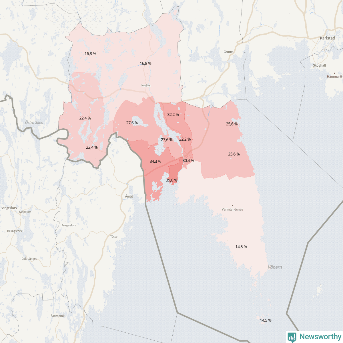 Koroplet-karta över partiets stöd i kommunens valdistrikt. Se tabell.