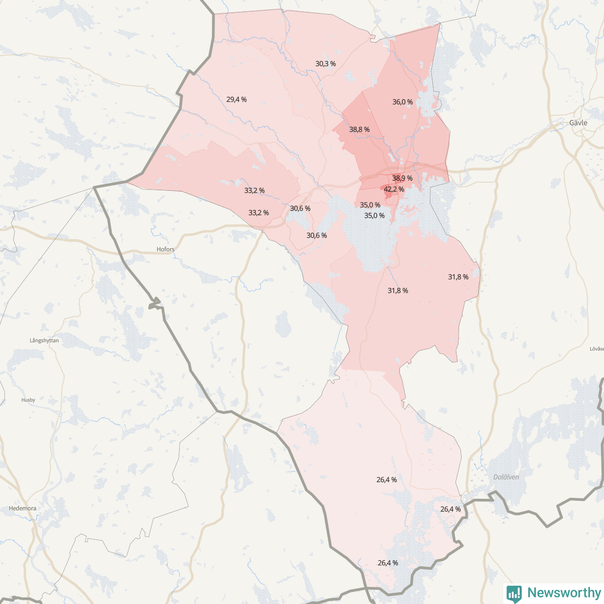 Koroplet-karta över partiets stöd i kommunens valdistrikt. Se tabell.