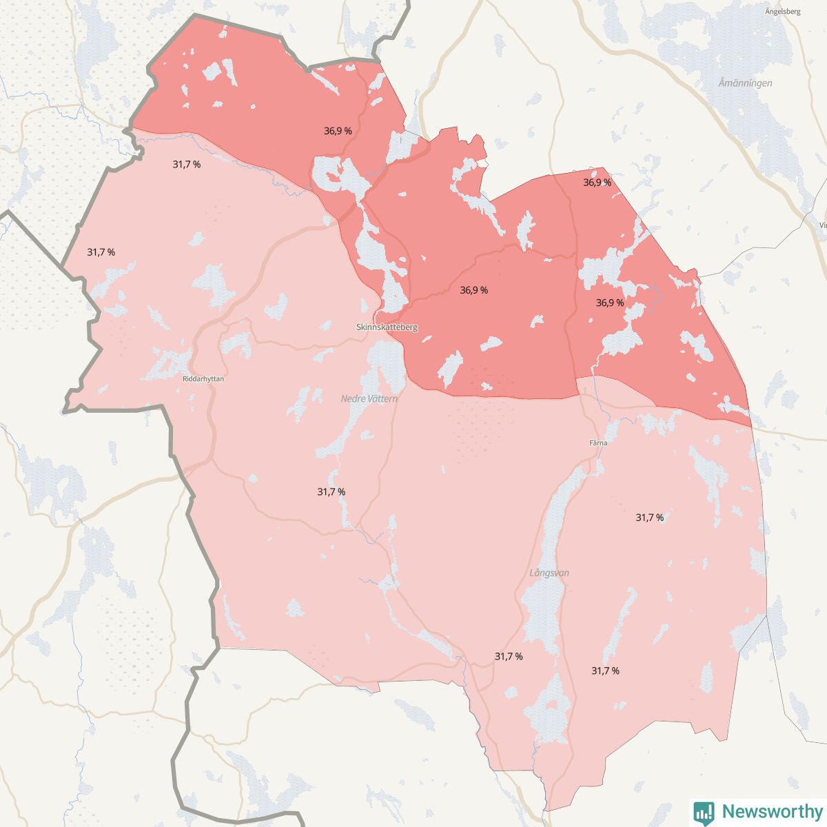 Koroplet-karta över partiets stöd i kommunens valdistrikt. Se tabell.