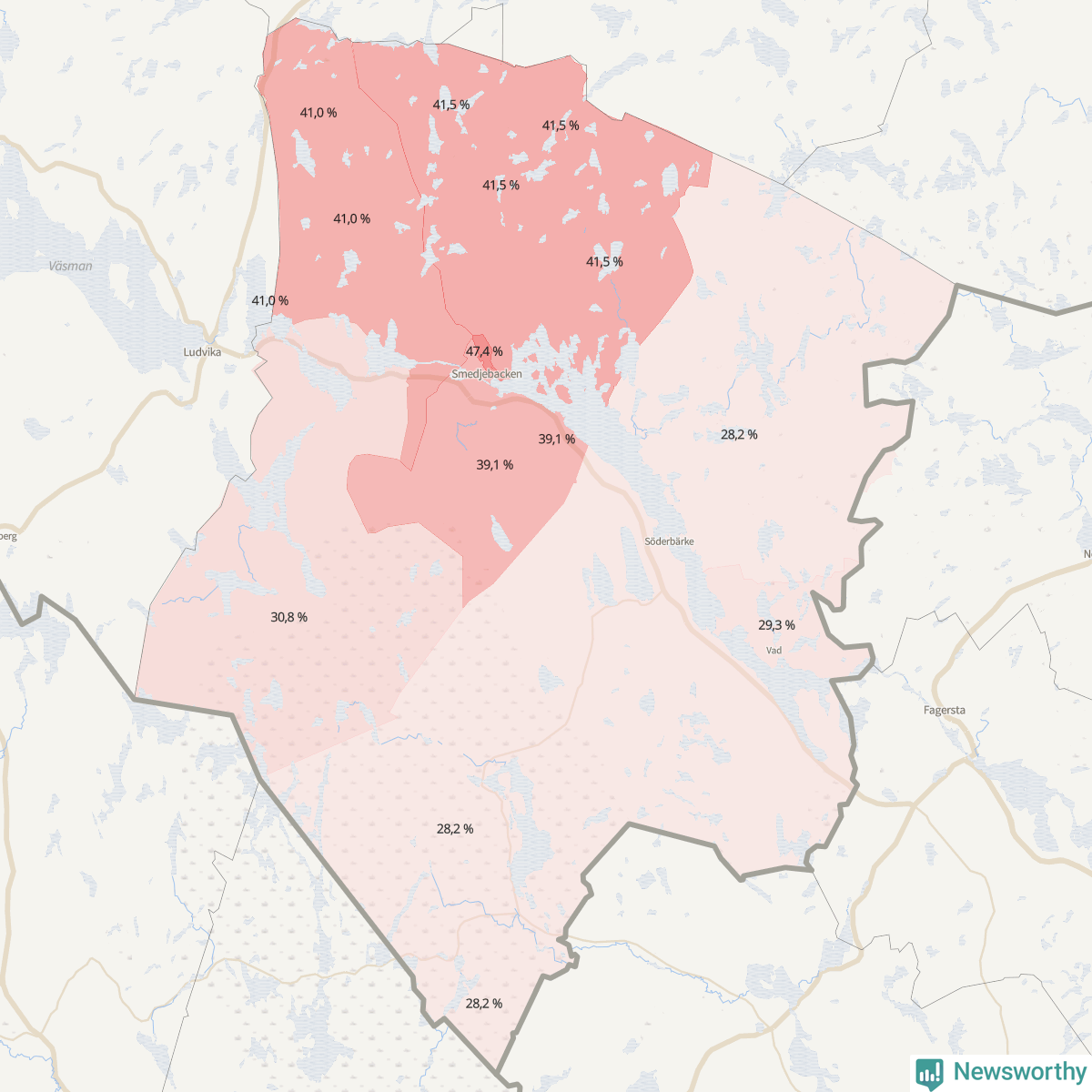 Koroplet-karta över partiets stöd i kommunens valdistrikt. Se tabell.