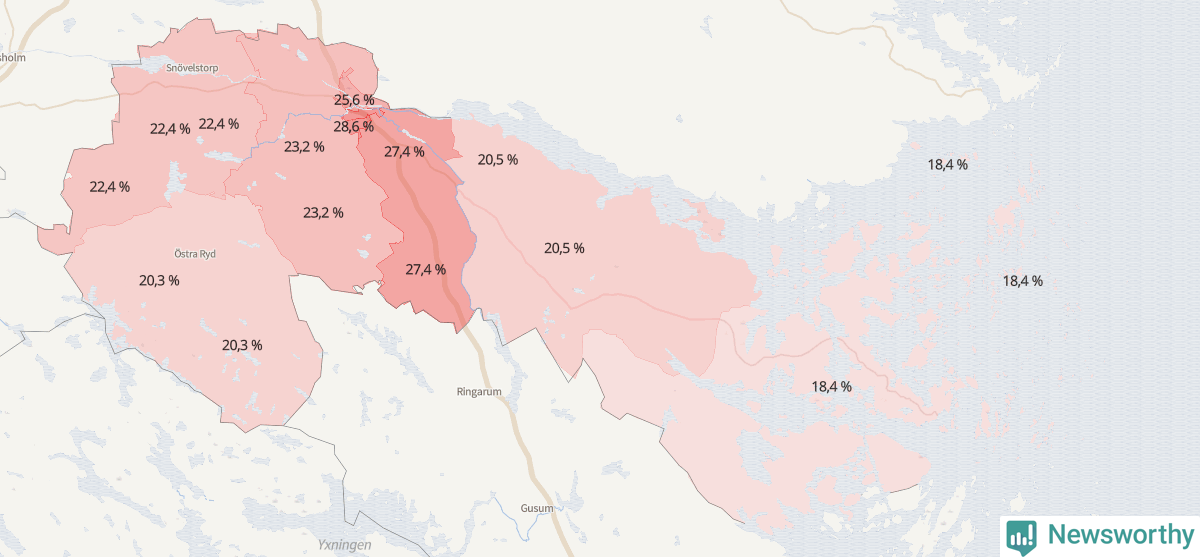 Koroplet-karta över partiets stöd i kommunens valdistrikt. Se tabell.