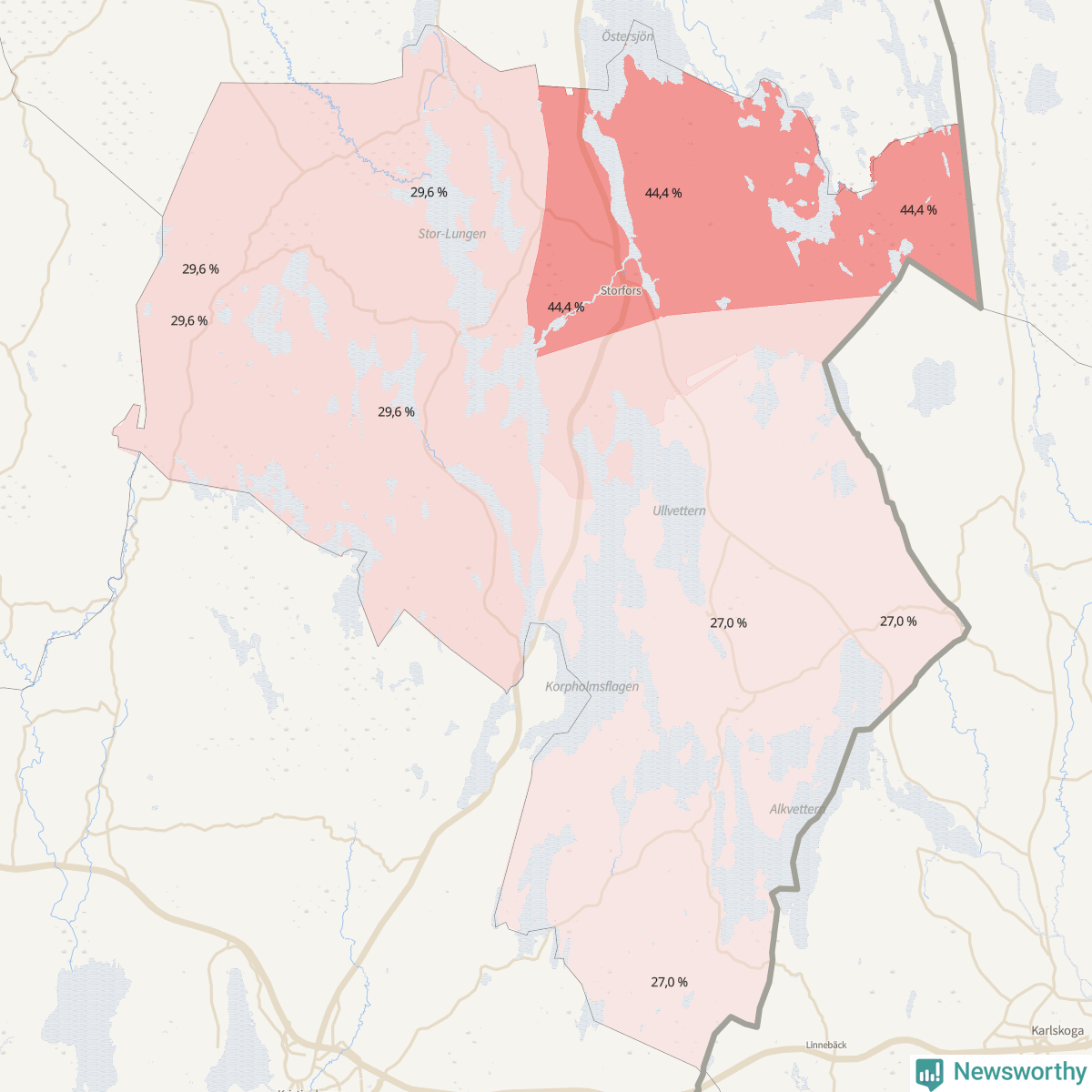 Koroplet-karta över partiets stöd i kommunens valdistrikt. Se tabell.