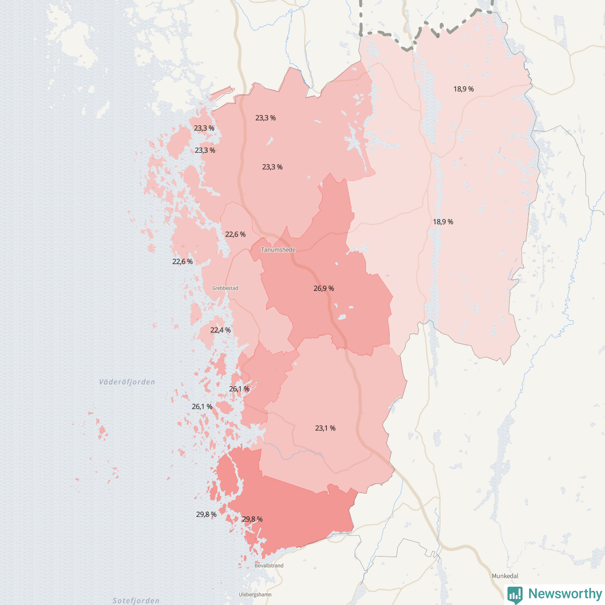 Koroplet-karta över partiets stöd i kommunens valdistrikt. Se tabell.