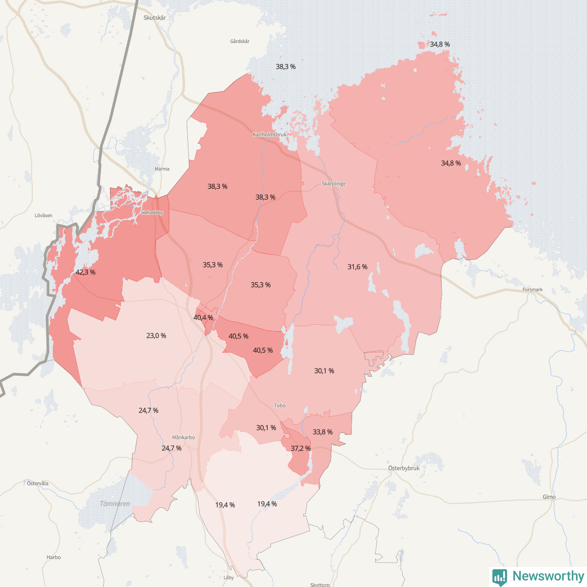 Koroplet-karta över partiets stöd i kommunens valdistrikt. Se tabell.