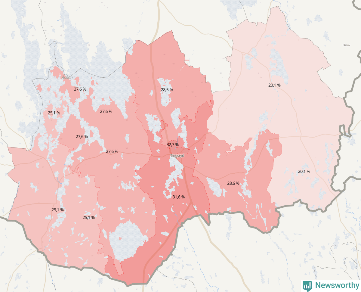Koroplet-karta över partiets stöd i kommunens valdistrikt. Se tabell.