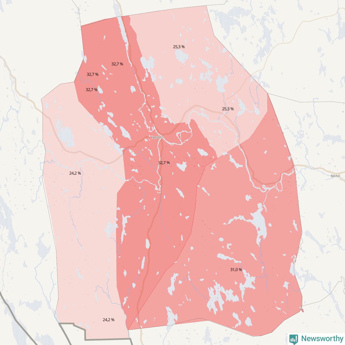 Koroplet-karta över partiets stöd i kommunens valdistrikt. Se tabell.
