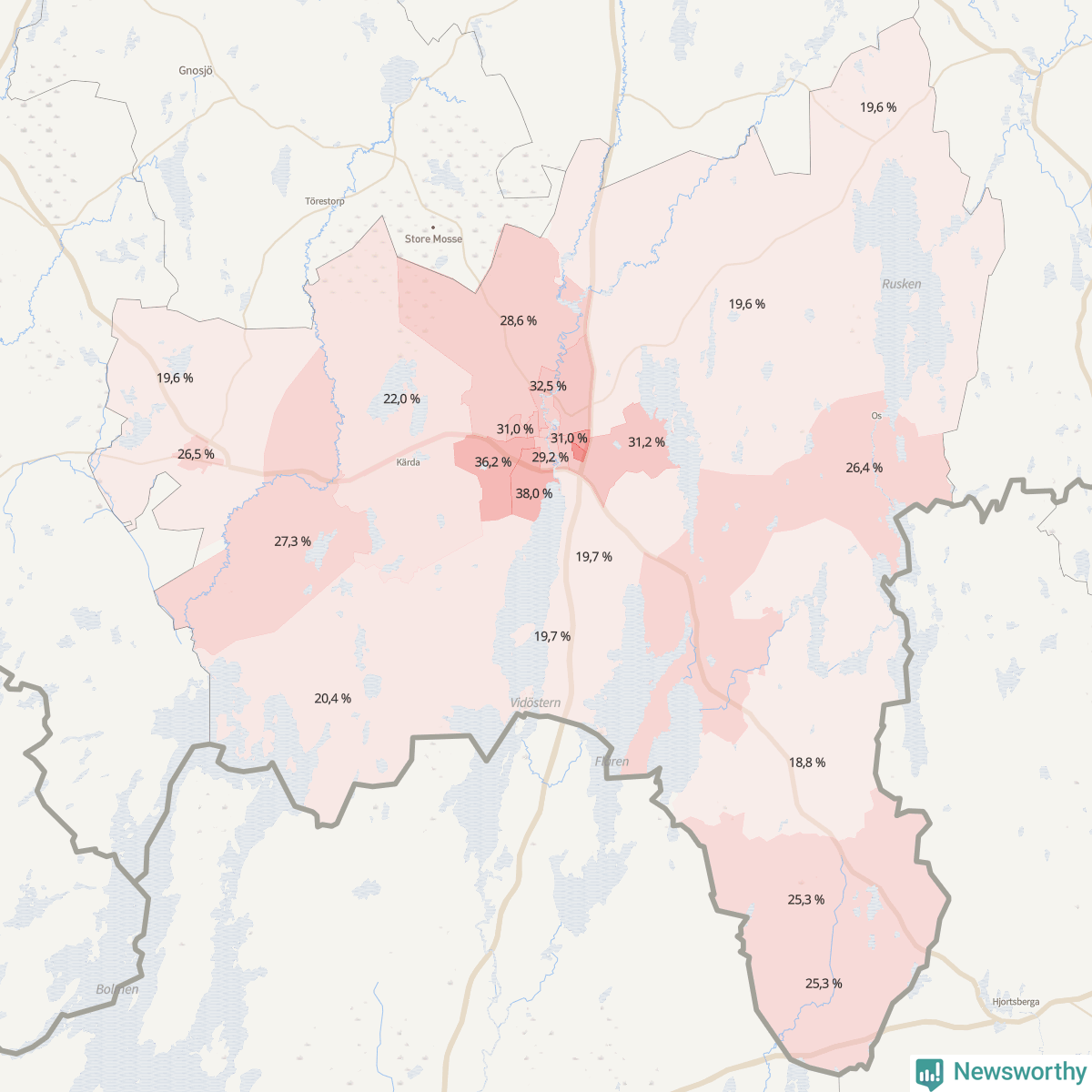 Koroplet-karta över partiets stöd i kommunens valdistrikt. Se tabell.
