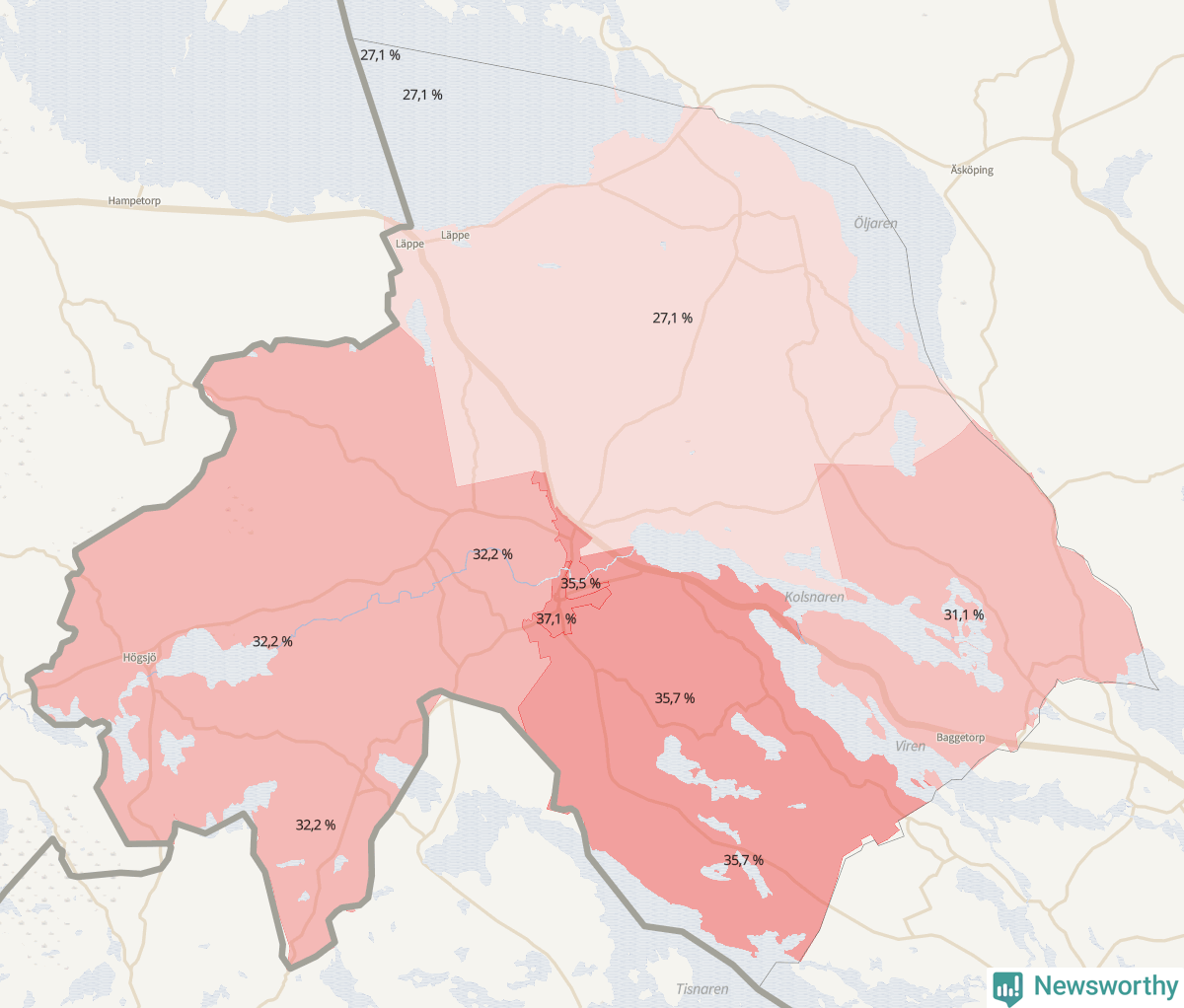 Koroplet-karta över partiets stöd i kommunens valdistrikt. Se tabell.