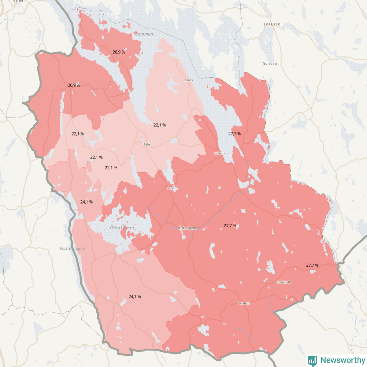 Koroplet-karta över partiets stöd i kommunens valdistrikt. Se tabell.