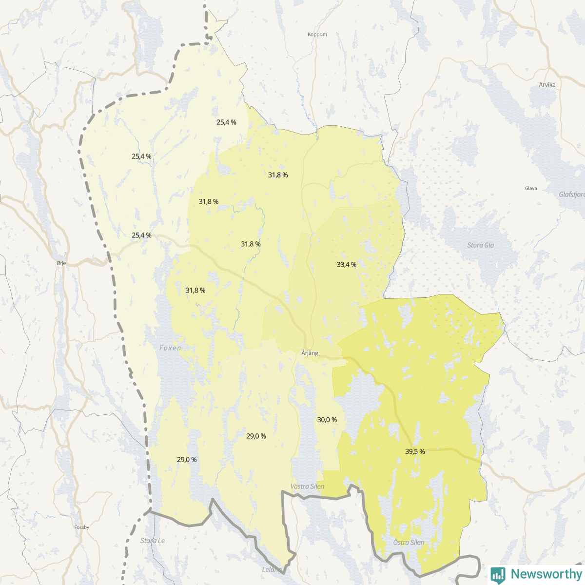 Koroplet-karta över partiets stöd i kommunens valdistrikt. Se tabell.