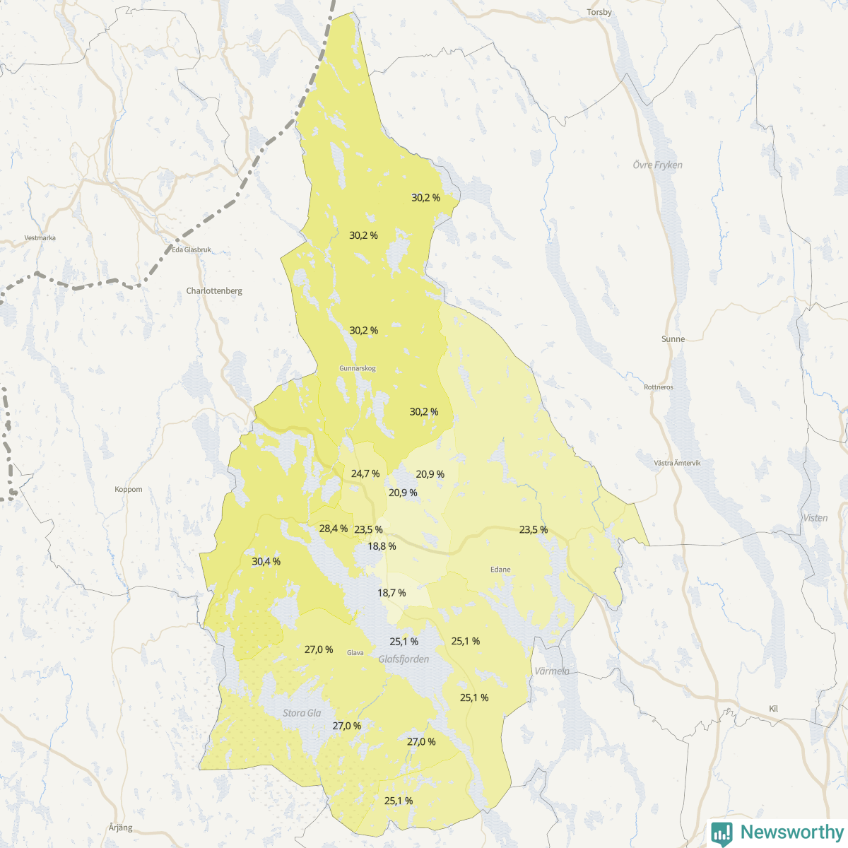 Koroplet-karta över partiets stöd i kommunens valdistrikt. Se tabell.