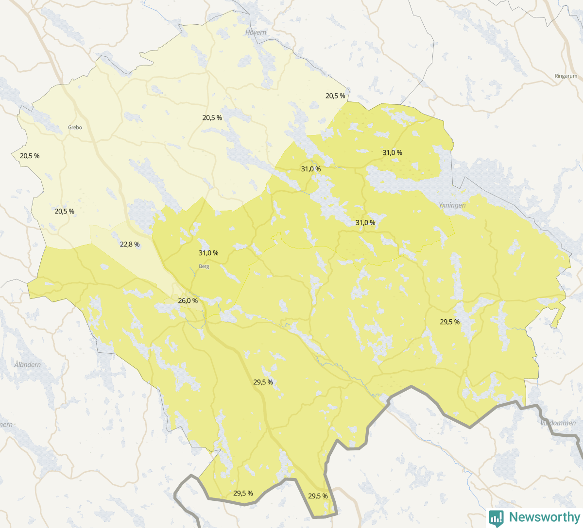 Koroplet-karta över partiets stöd i kommunens valdistrikt. Se tabell.