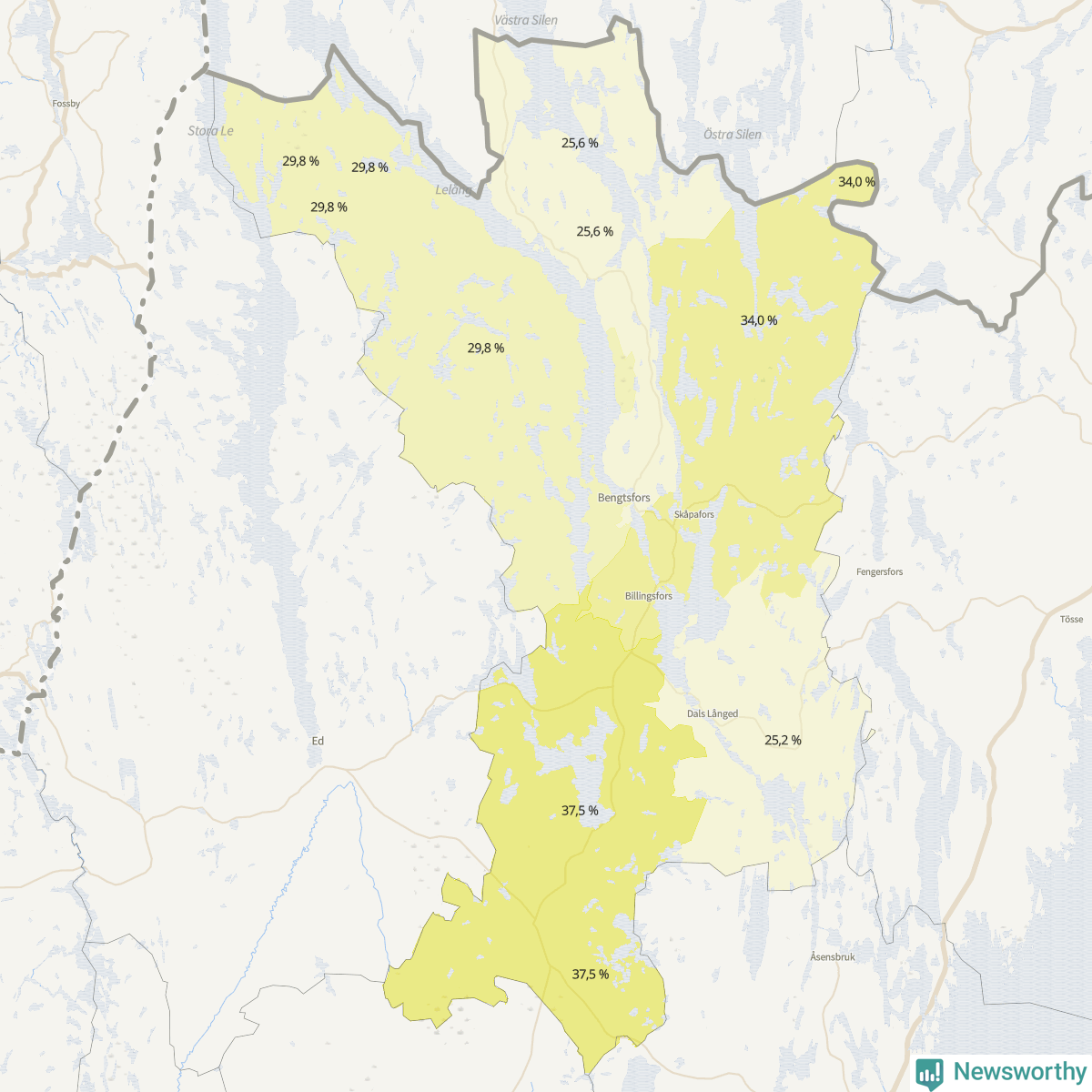 Koroplet-karta över partiets stöd i kommunens valdistrikt. Se tabell.