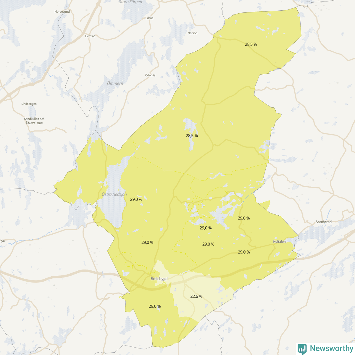 Koroplet-karta över partiets stöd i kommunens valdistrikt. Se tabell.