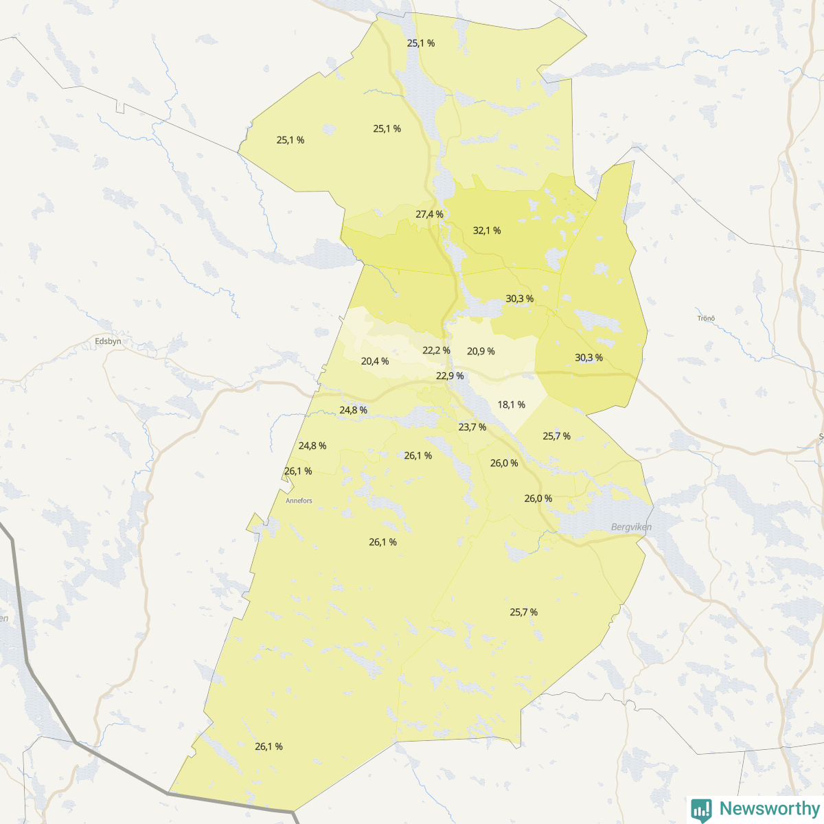 Koroplet-karta över partiets stöd i kommunens valdistrikt. Se tabell.