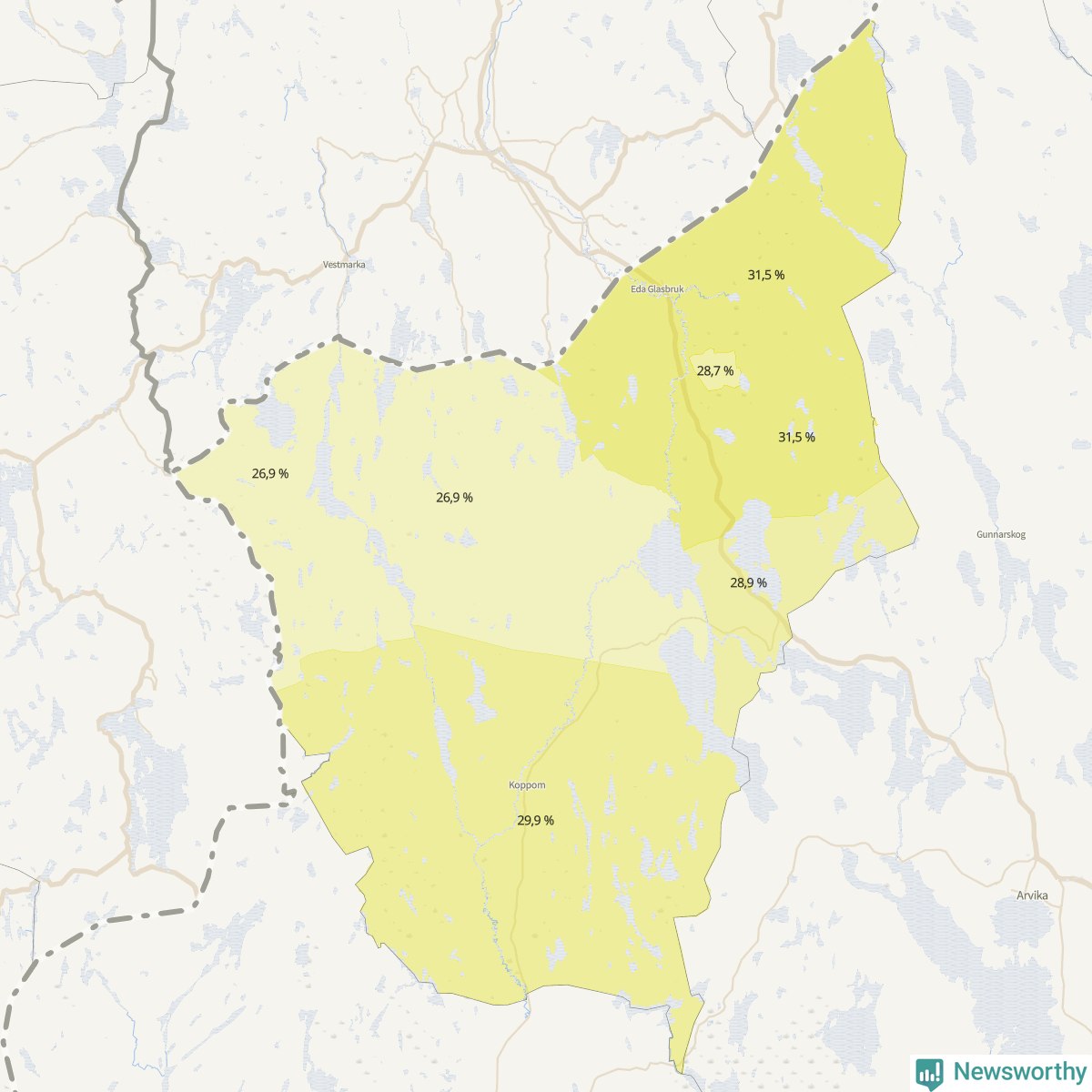 Koroplet-karta över partiets stöd i kommunens valdistrikt. Se tabell.