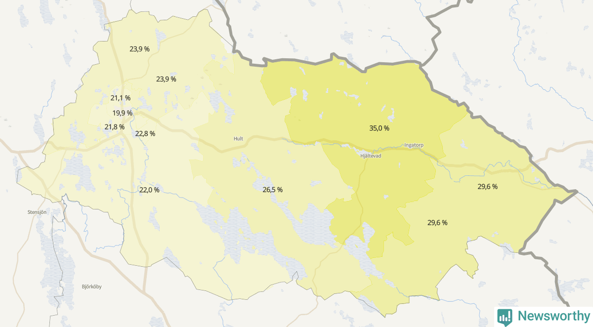 Koroplet-karta över partiets stöd i kommunens valdistrikt. Se tabell.