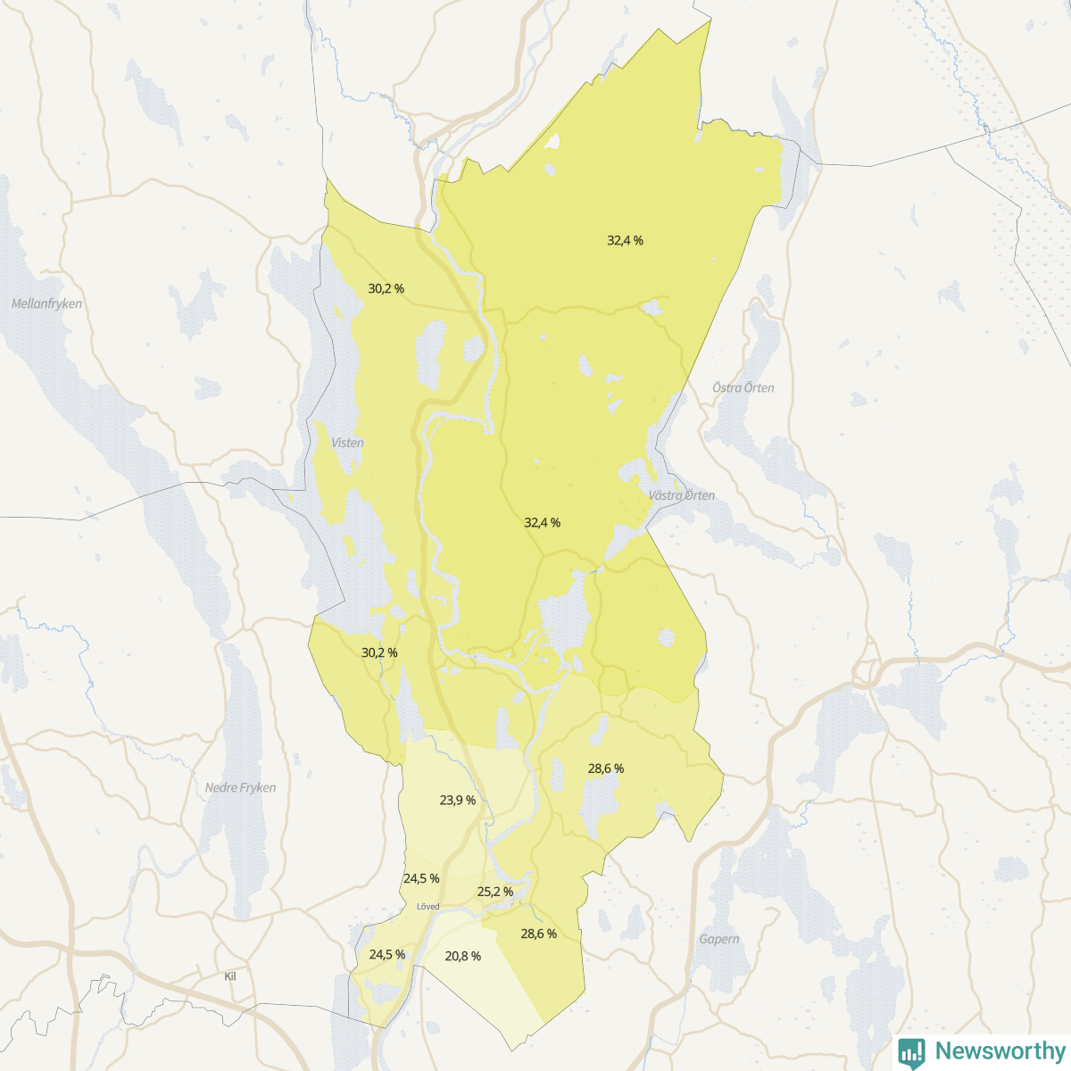 Koroplet-karta över partiets stöd i kommunens valdistrikt. Se tabell.