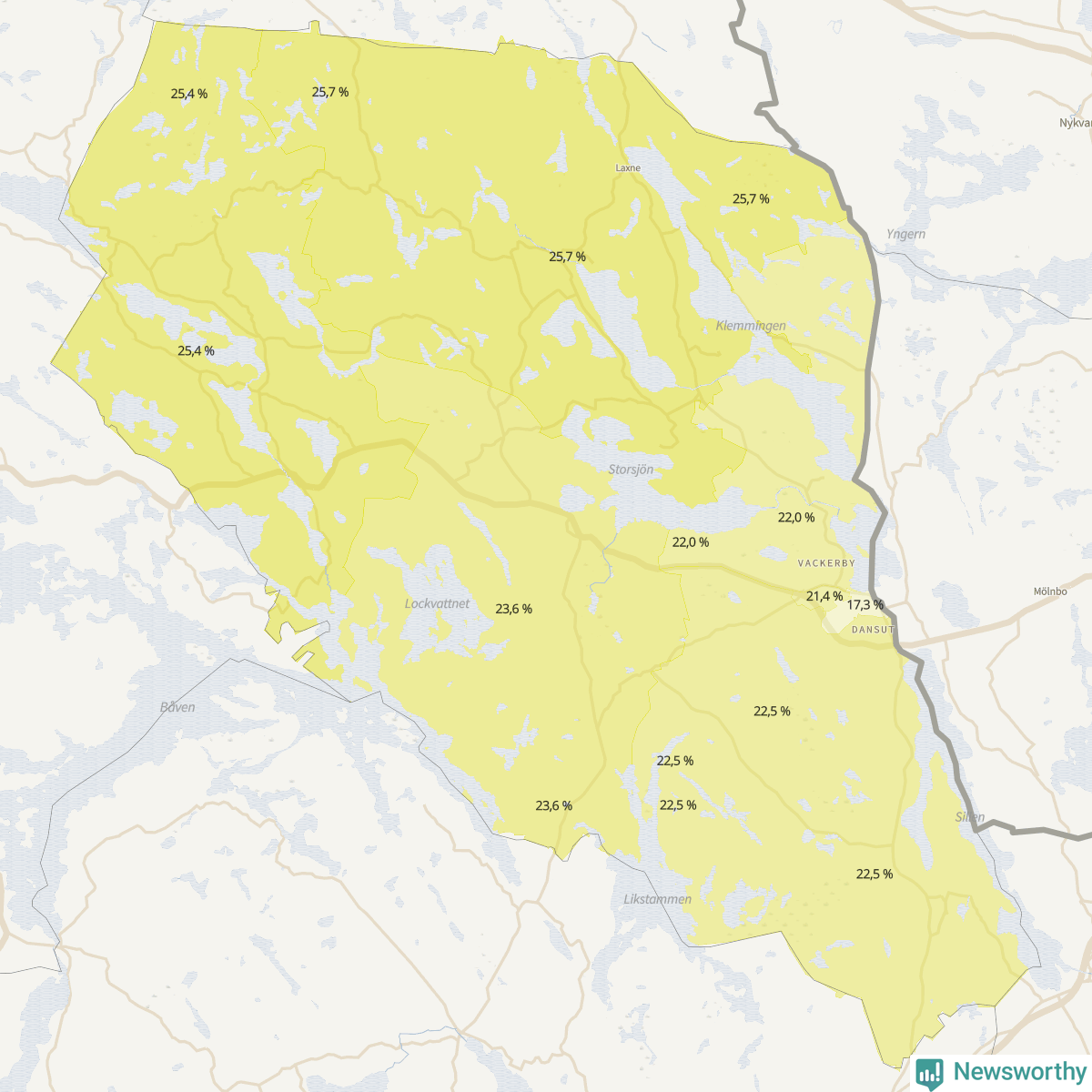 Koroplet-karta över partiets stöd i kommunens valdistrikt. Se tabell.