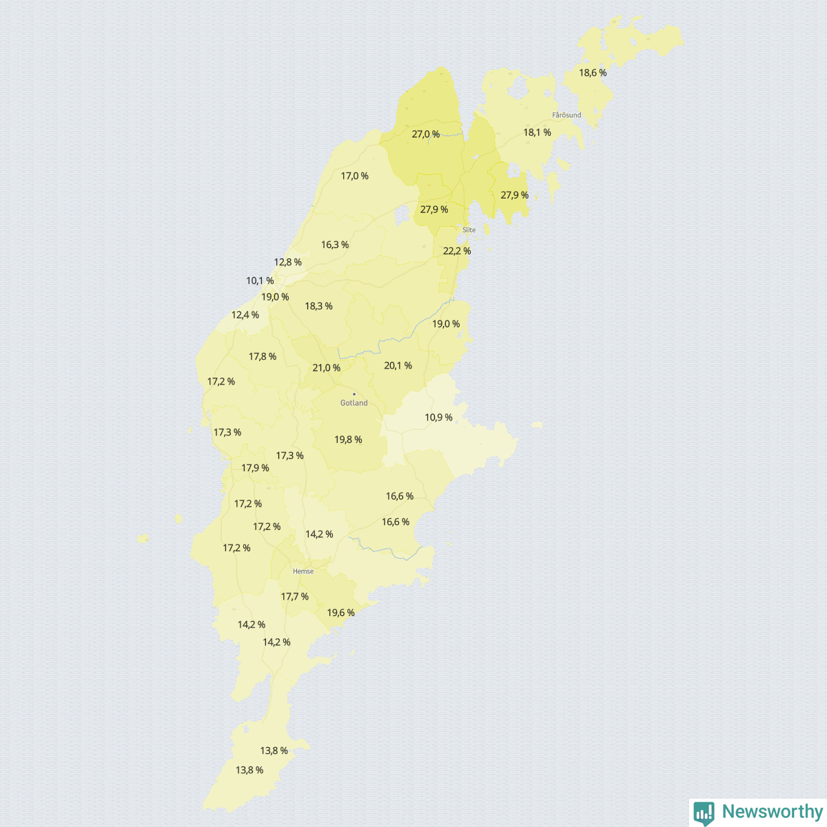 Koroplet-karta över partiets stöd i kommunens valdistrikt. Se tabell.