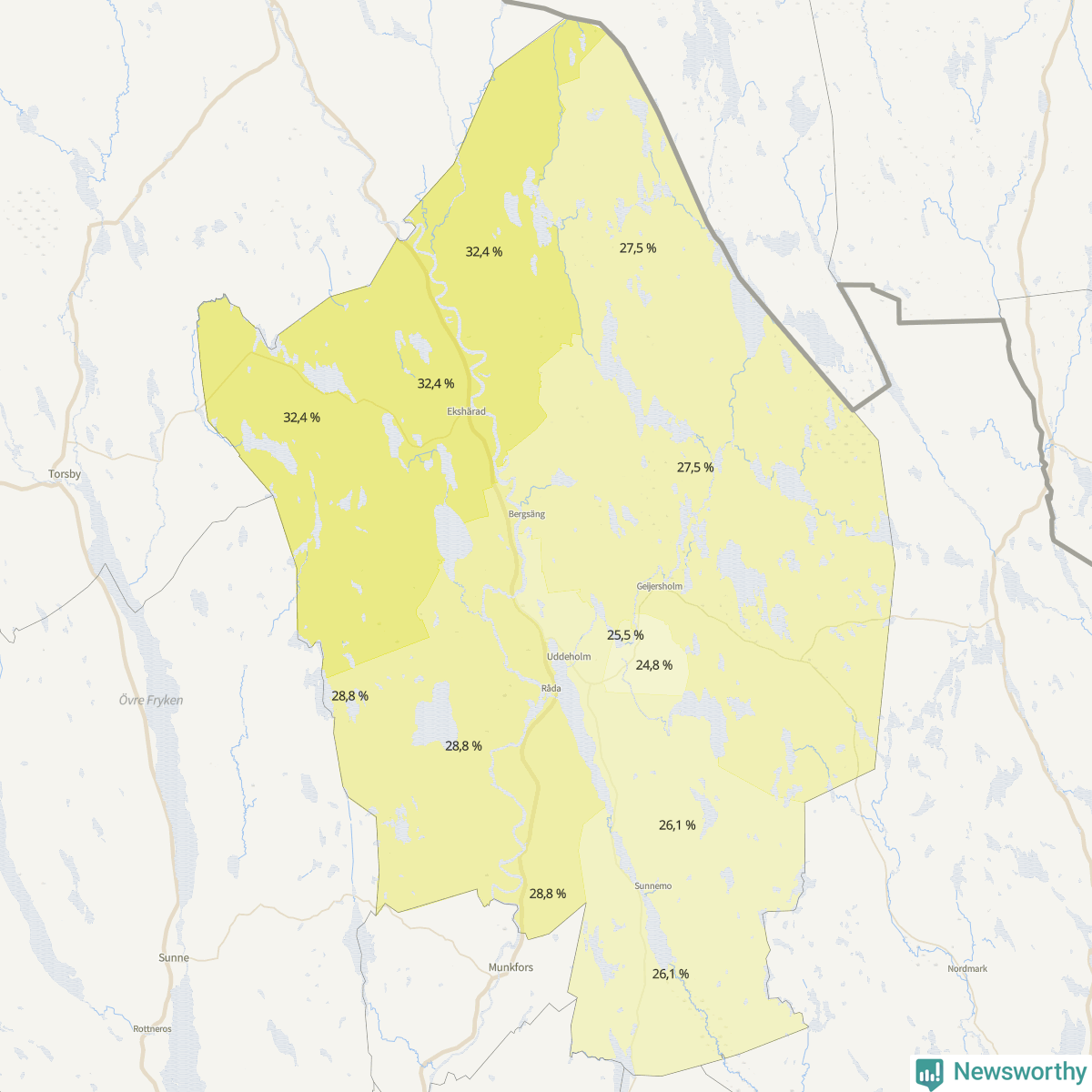 Koroplet-karta över partiets stöd i kommunens valdistrikt. Se tabell.