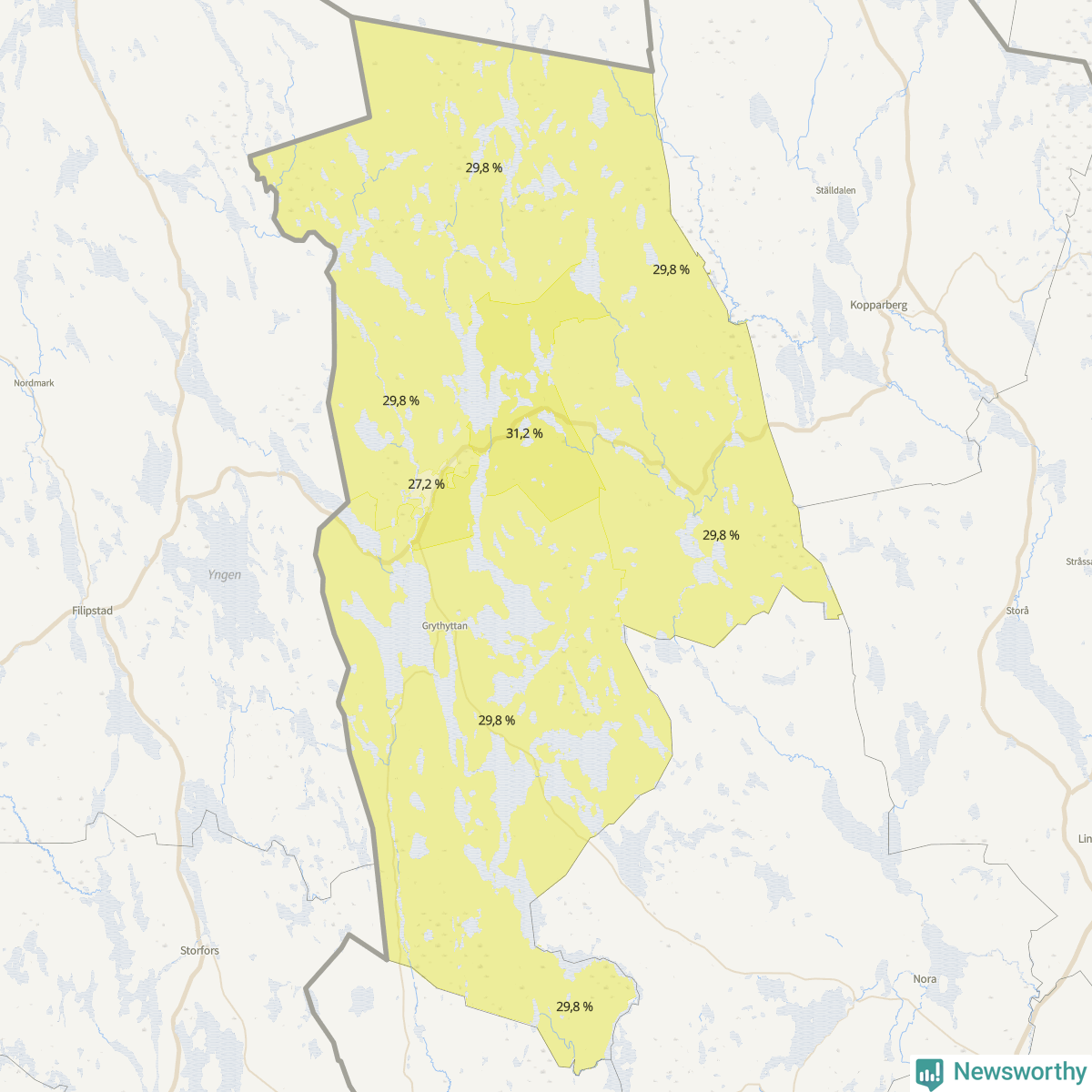 Koroplet-karta över partiets stöd i kommunens valdistrikt. Se tabell.