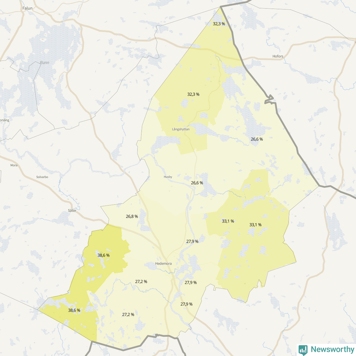 Koroplet-karta över partiets stöd i kommunens valdistrikt. Se tabell.