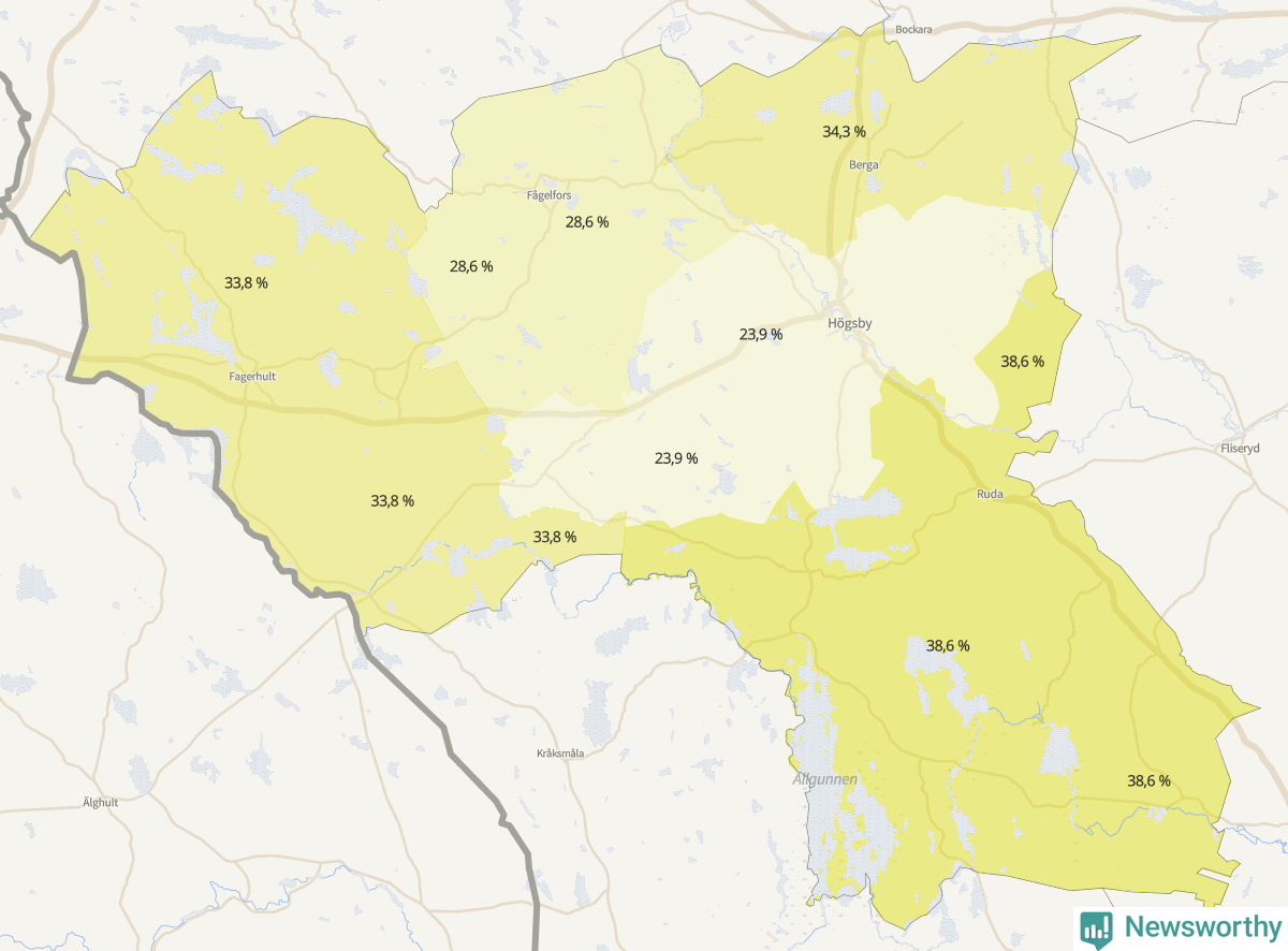 Koroplet-karta över partiets stöd i kommunens valdistrikt. Se tabell.