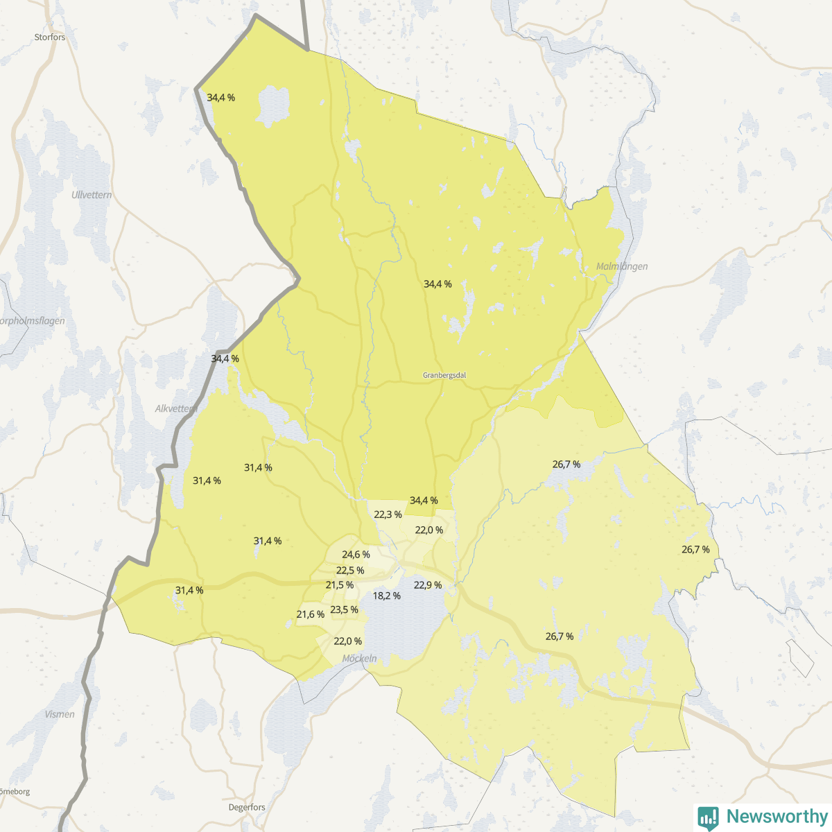 Koroplet-karta över partiets stöd i kommunens valdistrikt. Se tabell.