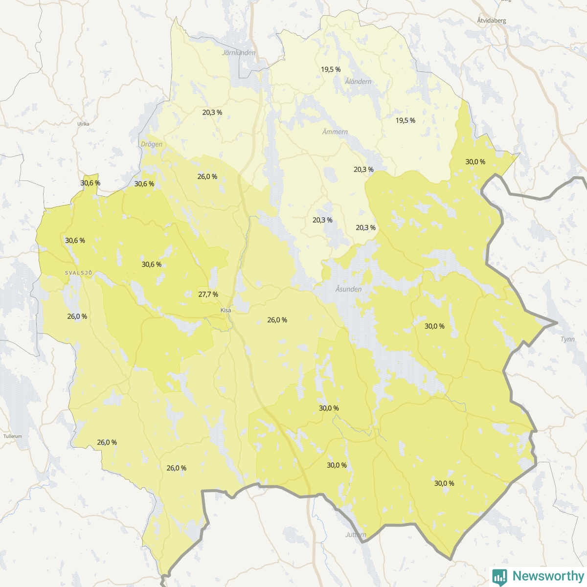 Koroplet-karta över partiets stöd i kommunens valdistrikt. Se tabell.