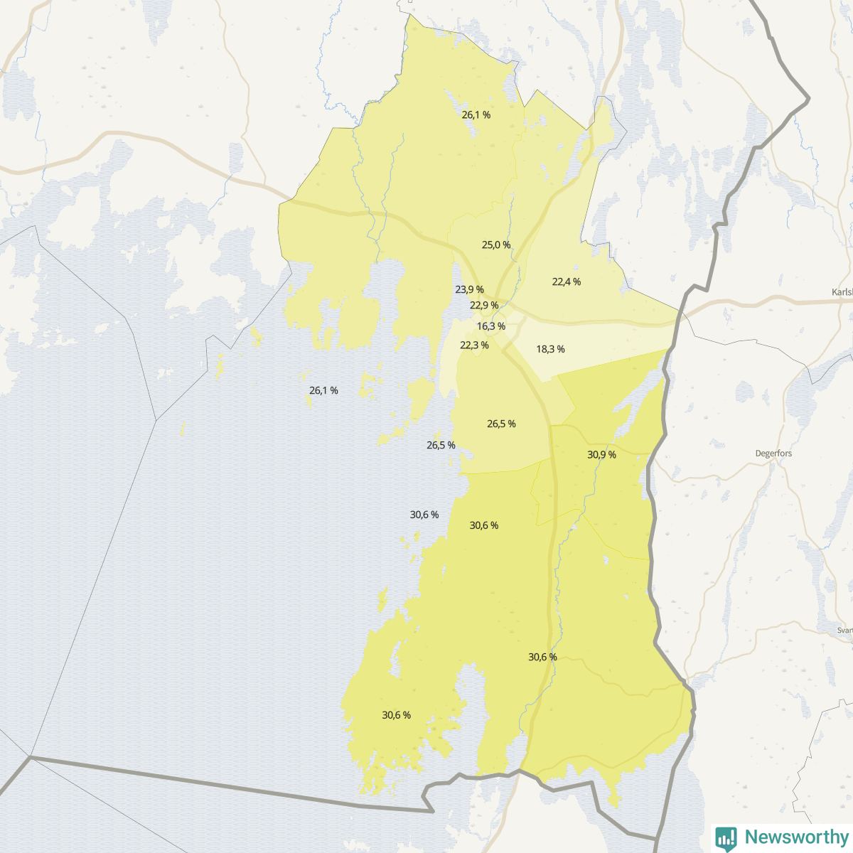 Koroplet-karta över partiets stöd i kommunens valdistrikt. Se tabell.