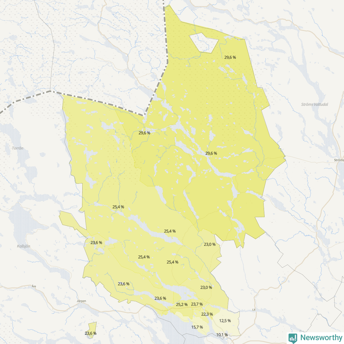 Koroplet-karta över partiets stöd i kommunens valdistrikt. Se tabell.