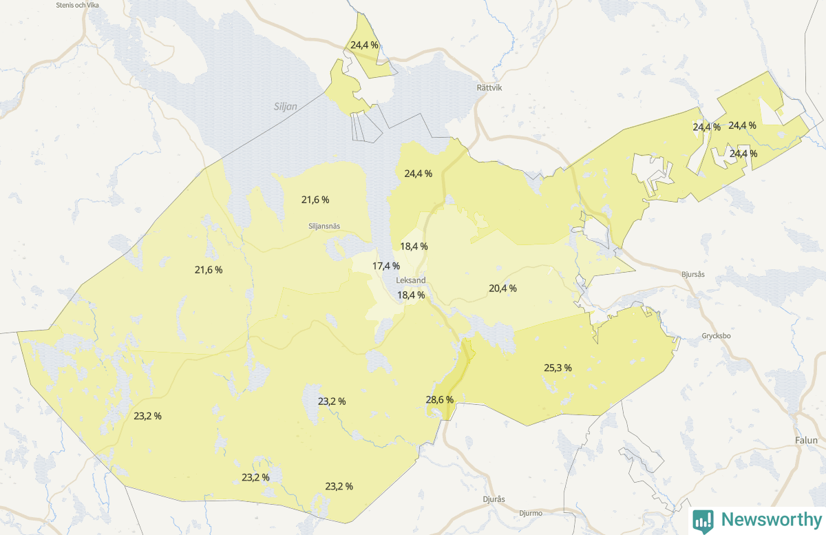 Koroplet-karta över partiets stöd i kommunens valdistrikt. Se tabell.