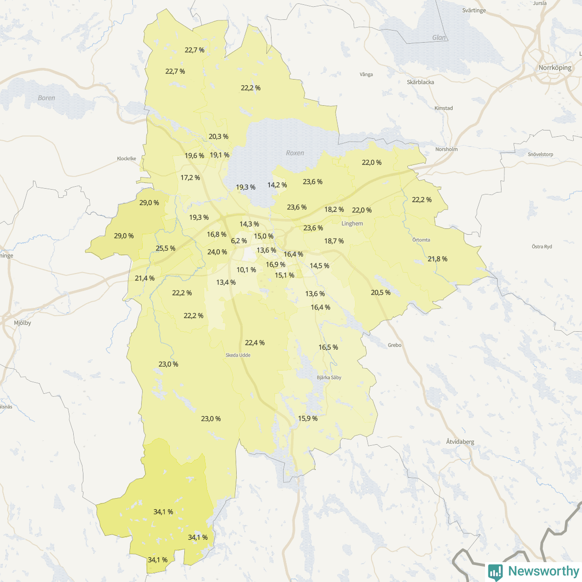 Koroplet-karta över partiets stöd i kommunens valdistrikt. Se tabell.