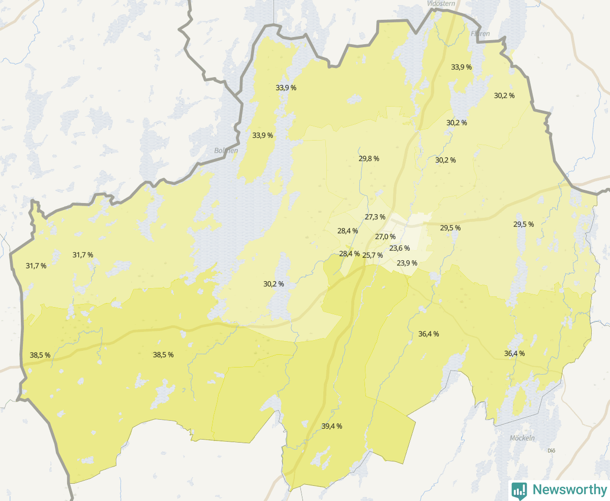 Koroplet-karta över partiets stöd i kommunens valdistrikt. Se tabell.