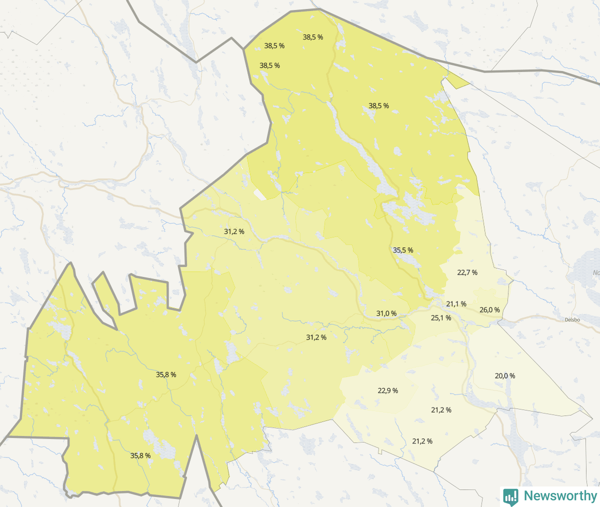 Koroplet-karta över partiets stöd i kommunens valdistrikt. Se tabell.