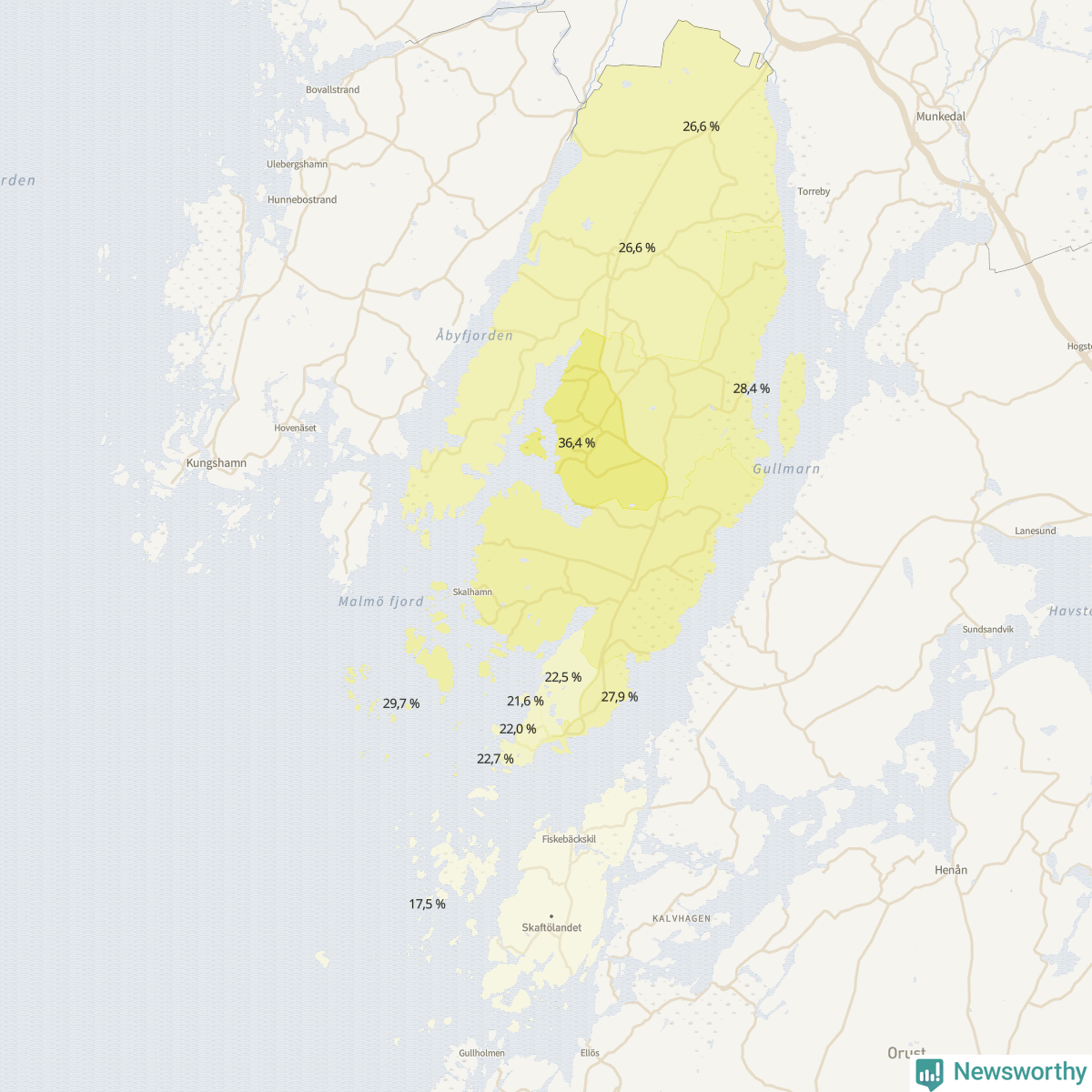 Koroplet-karta över partiets stöd i kommunens valdistrikt. Se tabell.