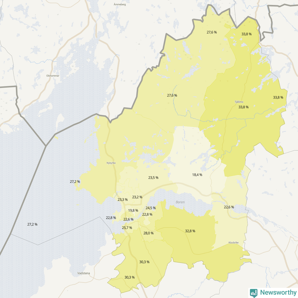 Koroplet-karta över partiets stöd i kommunens valdistrikt. Se tabell.