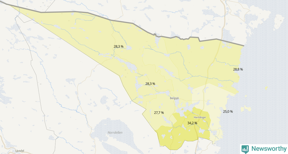 Koroplet-karta över partiets stöd i kommunens valdistrikt. Se tabell.