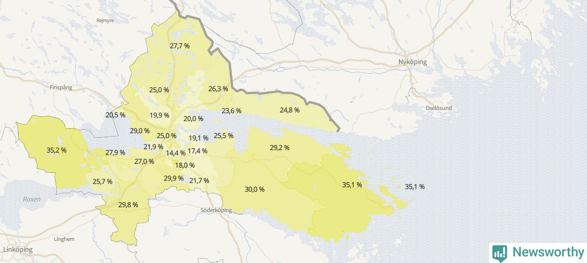 Koroplet-karta över partiets stöd i kommunens valdistrikt. Se tabell.