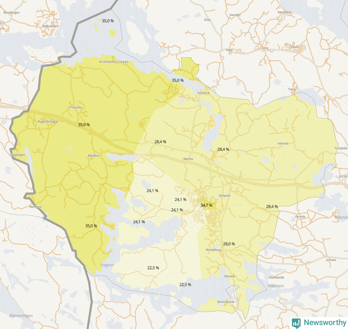 Koroplet-karta över partiets stöd i kommunens valdistrikt. Se tabell.