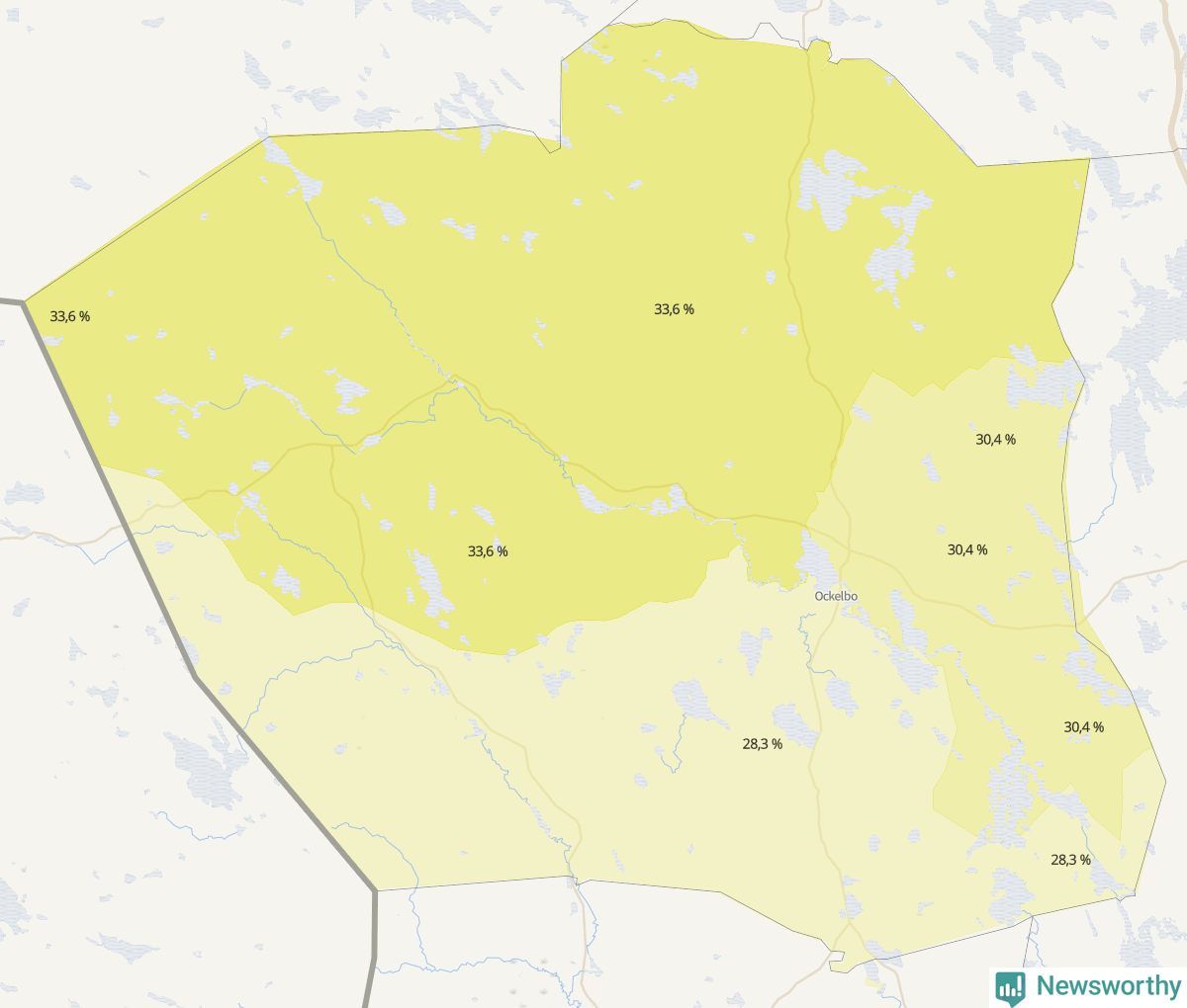 Koroplet-karta över partiets stöd i kommunens valdistrikt. Se tabell.