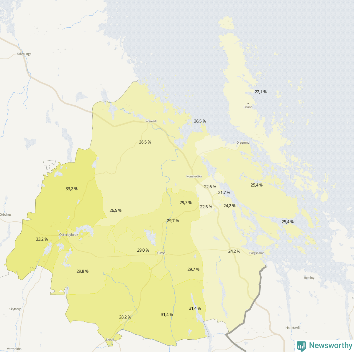 Koroplet-karta över partiets stöd i kommunens valdistrikt. Se tabell.