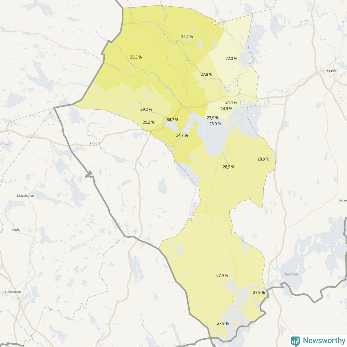 Koroplet-karta över partiets stöd i kommunens valdistrikt. Se tabell.