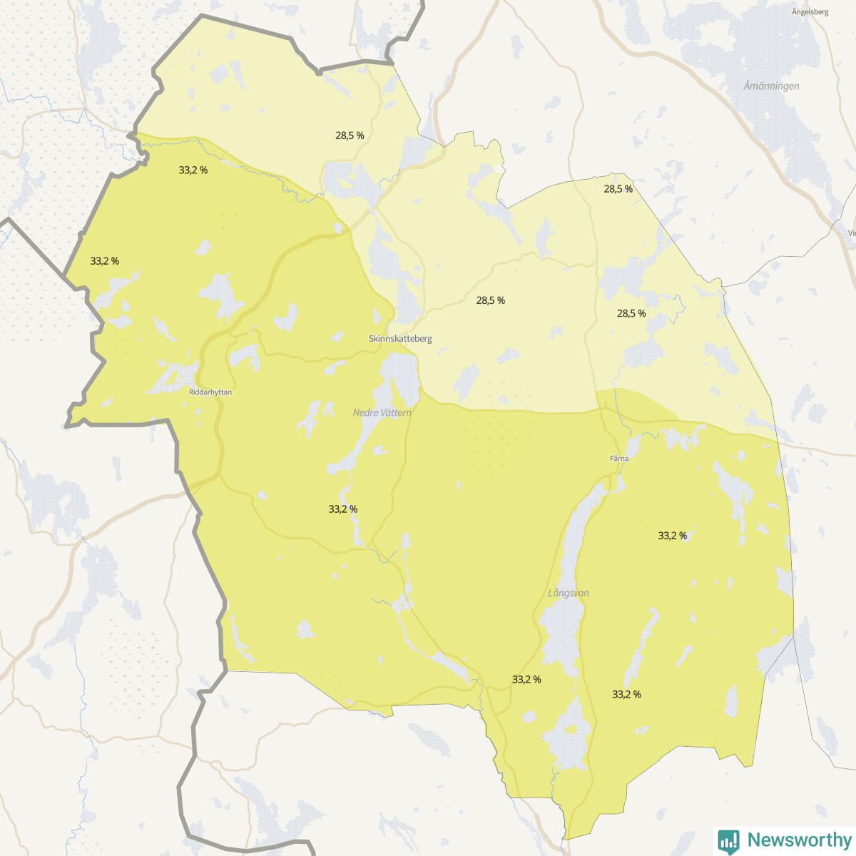 Koroplet-karta över partiets stöd i kommunens valdistrikt. Se tabell.