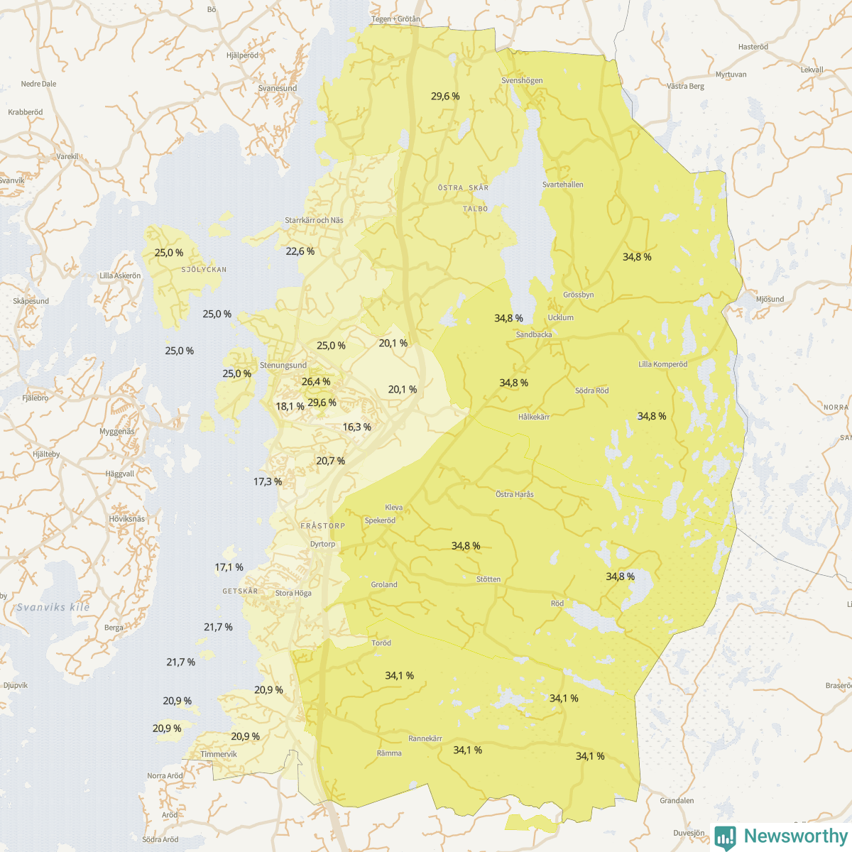 Koroplet-karta över partiets stöd i kommunens valdistrikt. Se tabell.